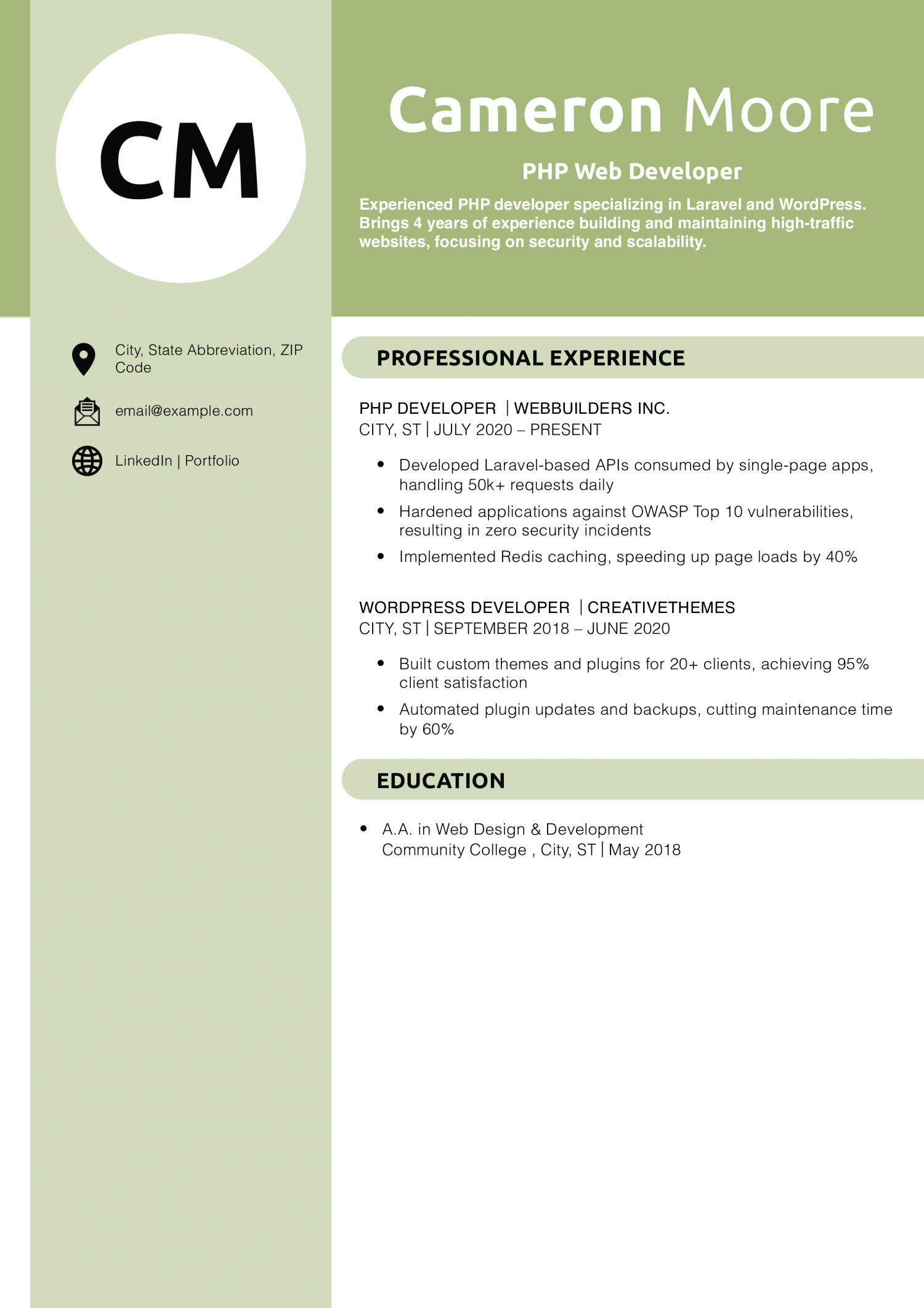 PHP Web Developer Resume Example