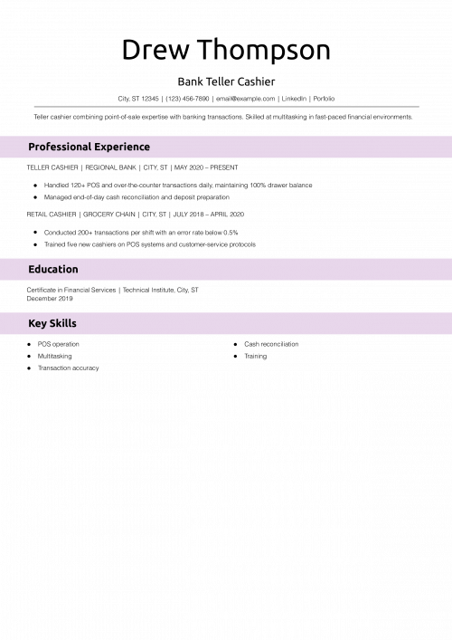 Bank Teller Cashier Resume Example