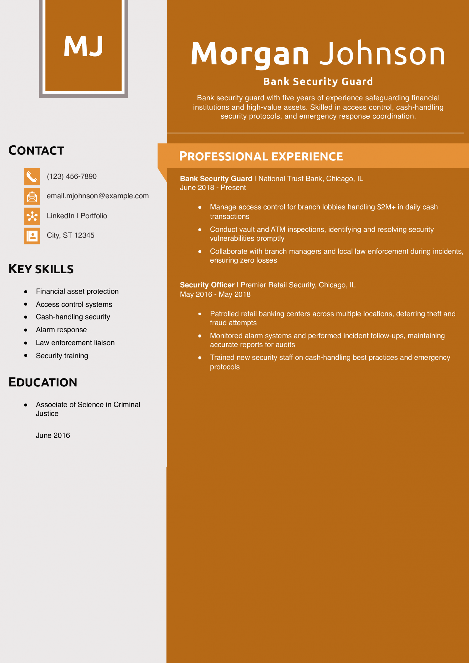 Bank Security Guard Resume Example