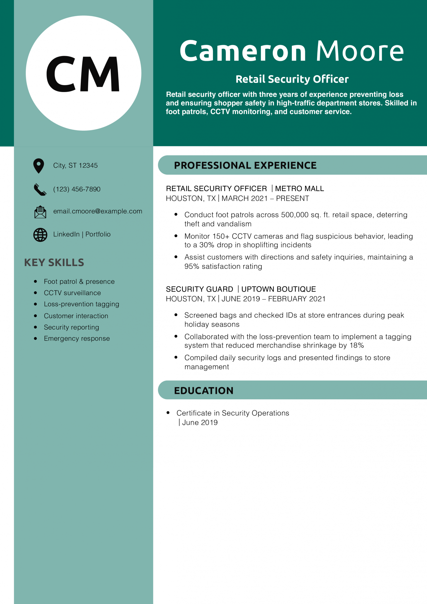 Retail Security Officer Resume Example