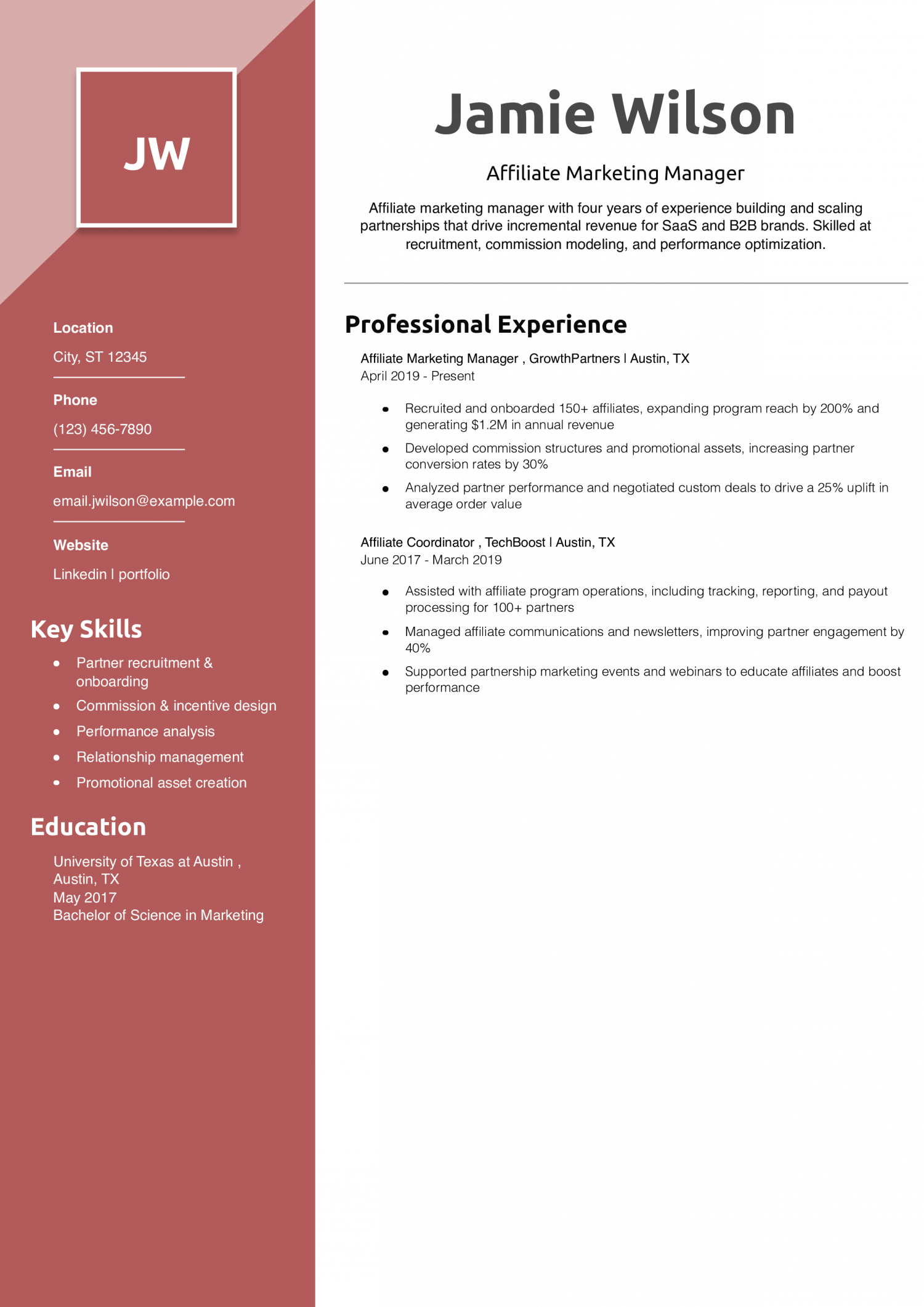 Affiliate Marketing Manager Resume Example