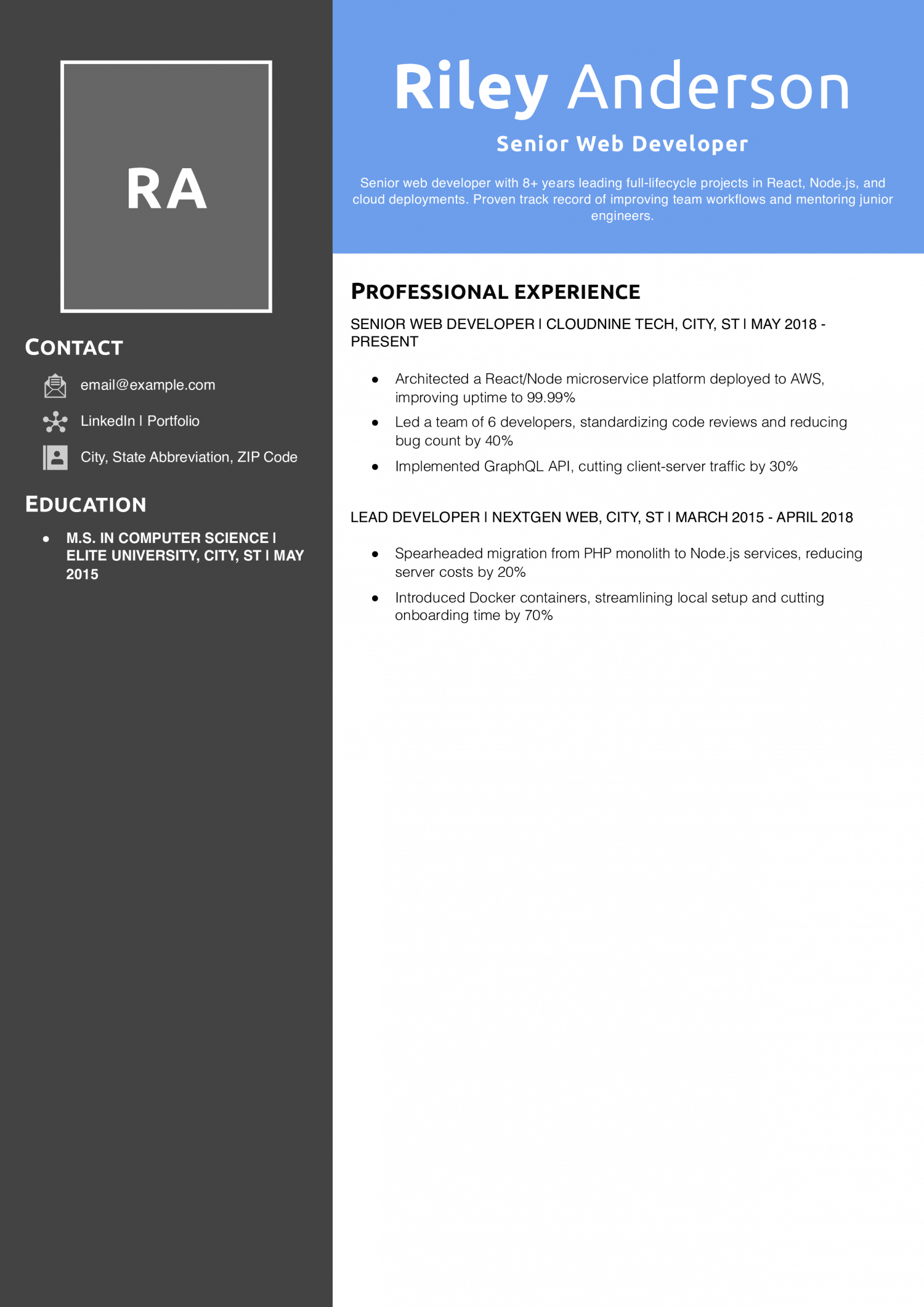 Senior Web Developer Resume Example
