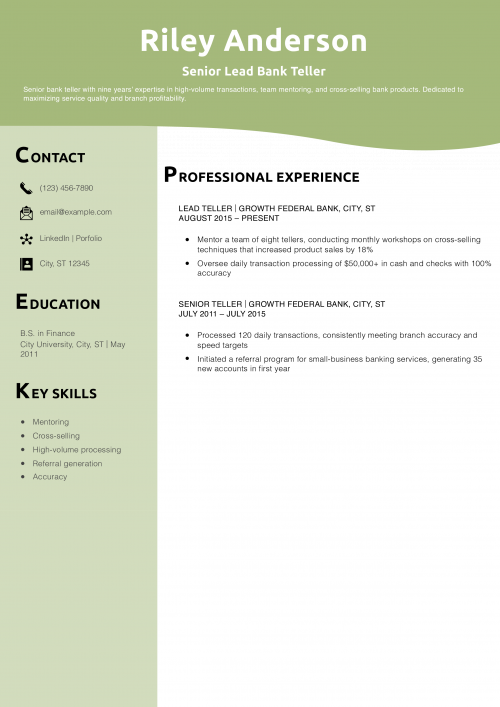 Senior Lead Bank Teller Resume Example