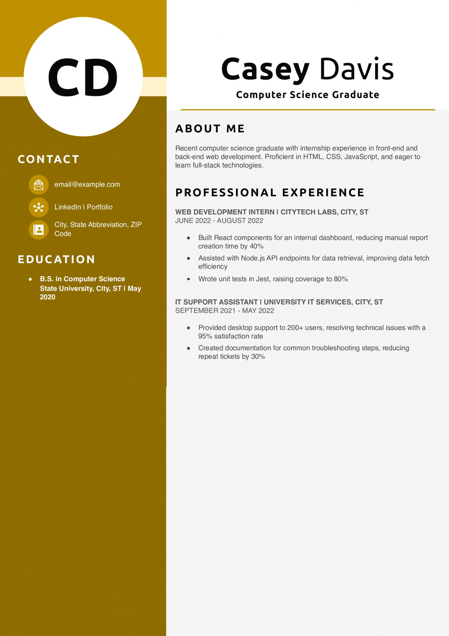 Computer Science Graduate Resume Example