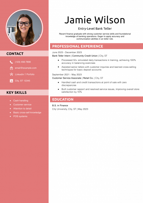 Entry-Level Bank Teller Resume Example