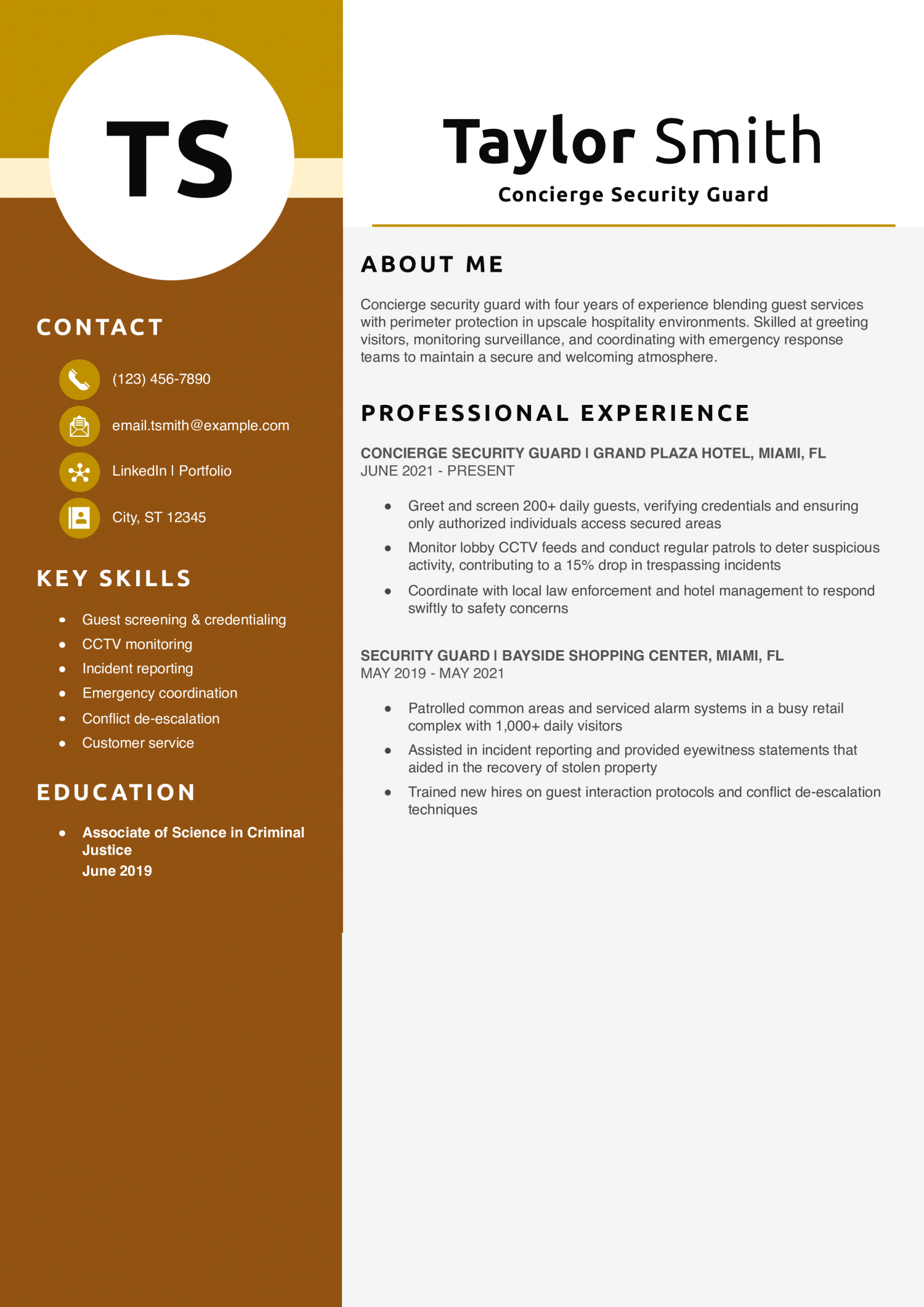 Concierge Security Guard Resume Example