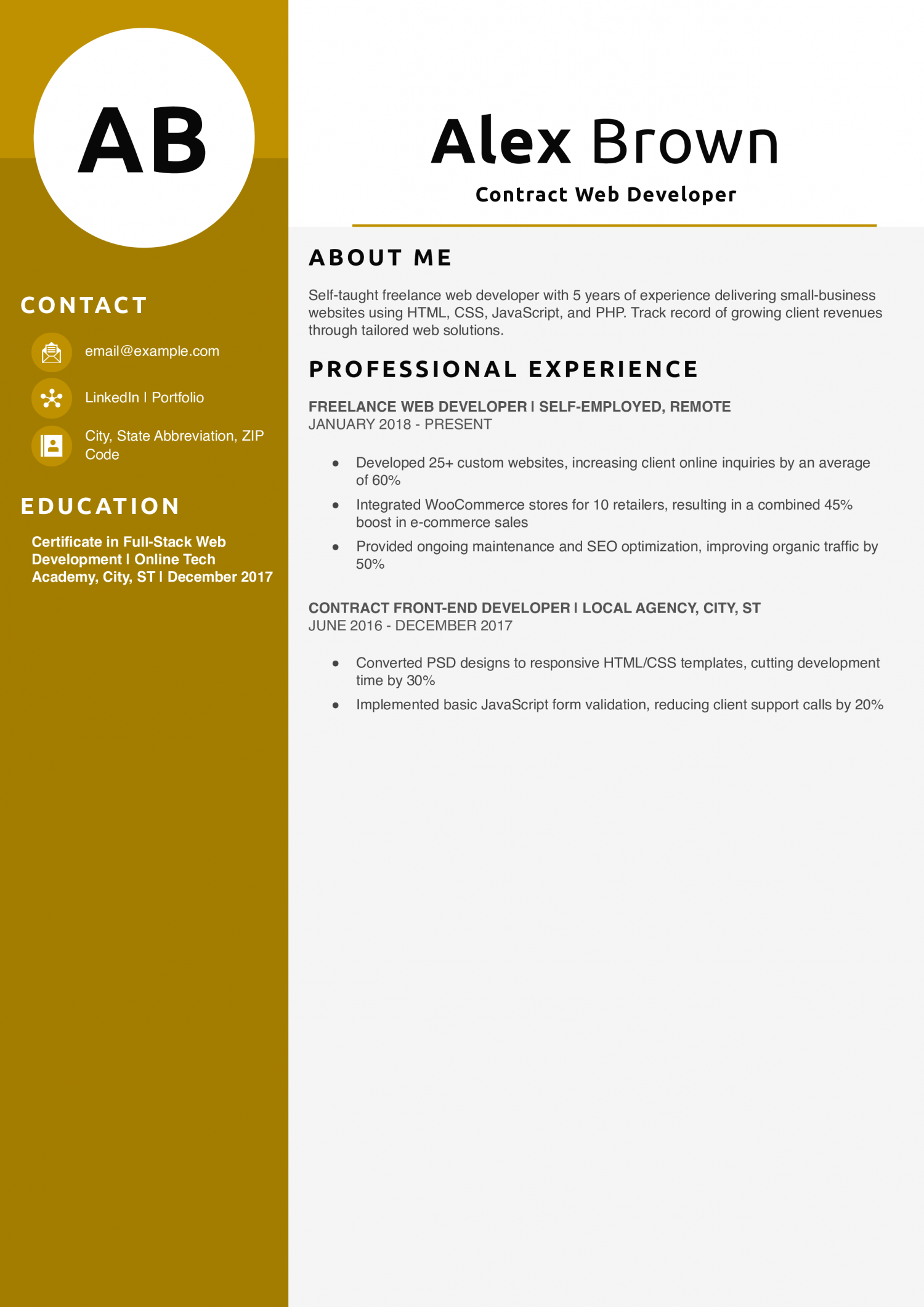 Contract Web Developer Resume Example