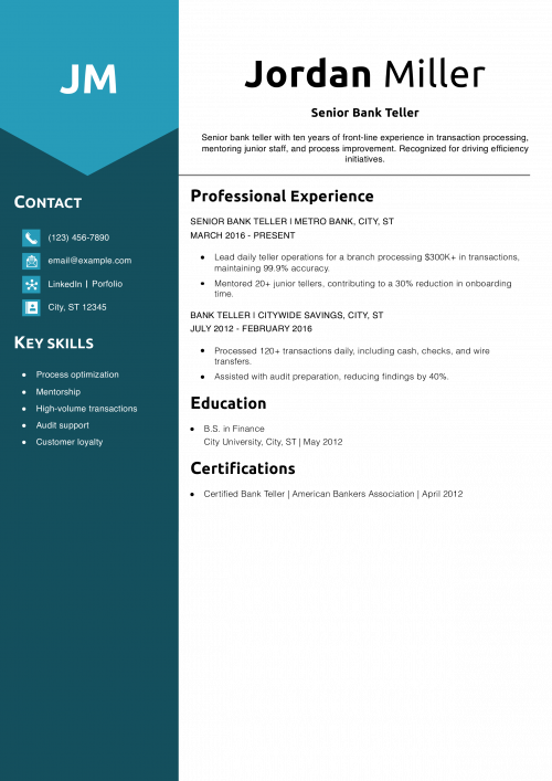 Senior Bank Teller Resume Example