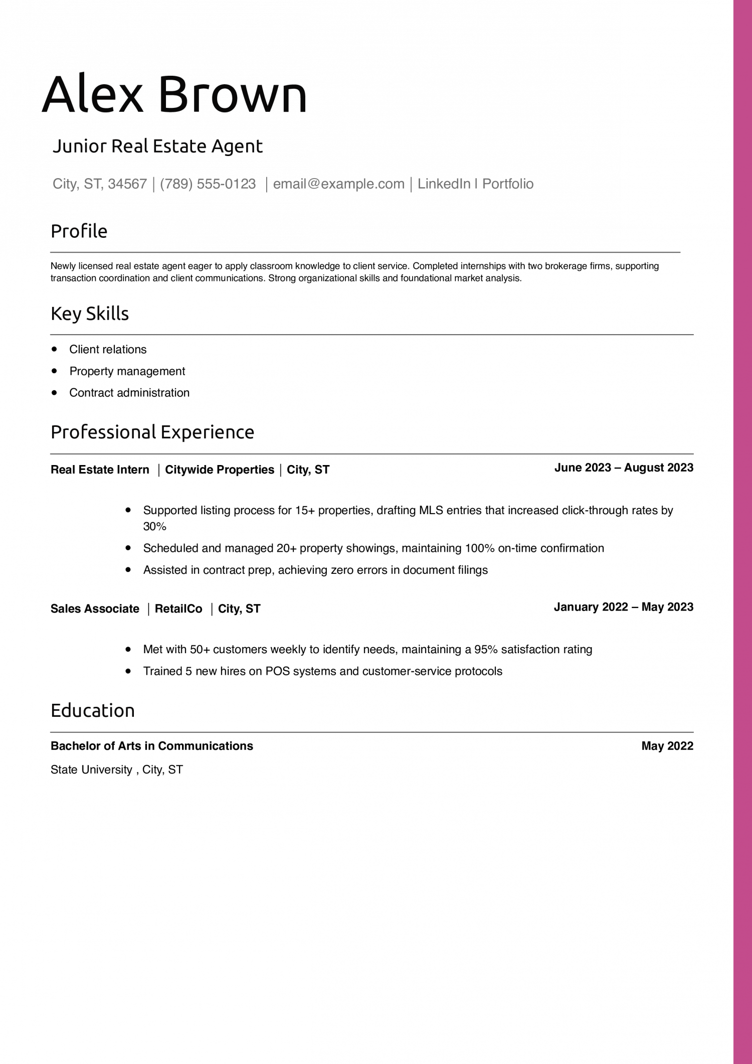 Junior Real Estate Agent Resume Example
