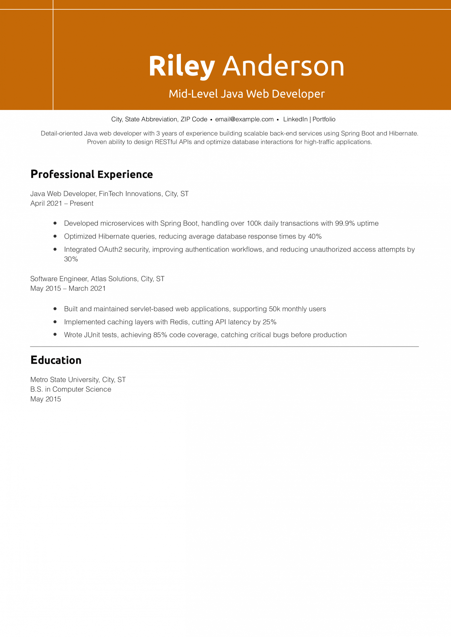 Mid-Level Java Web Developer Resume Example