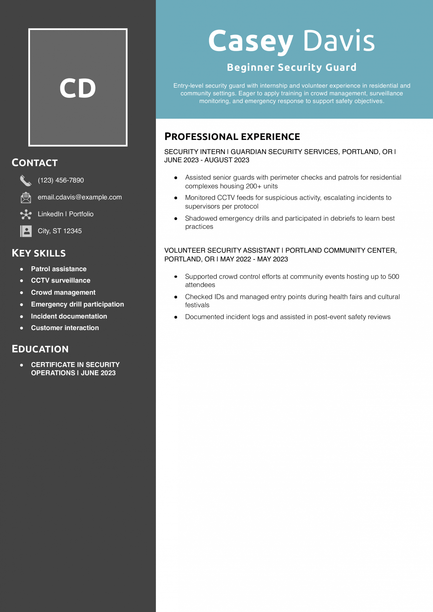 Beginner Security Guard Resume Example