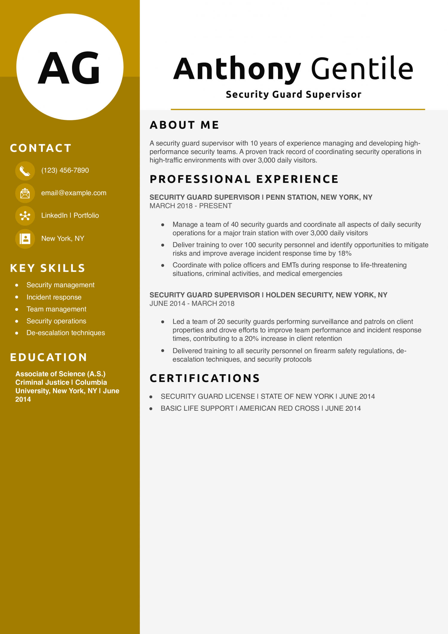Security Guard Supervisor Resume Example