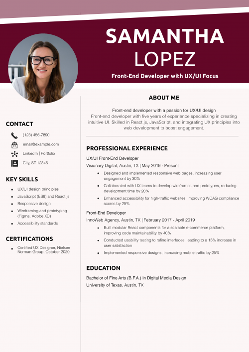 Front-End Developer with UX/UI Focus Resume Example