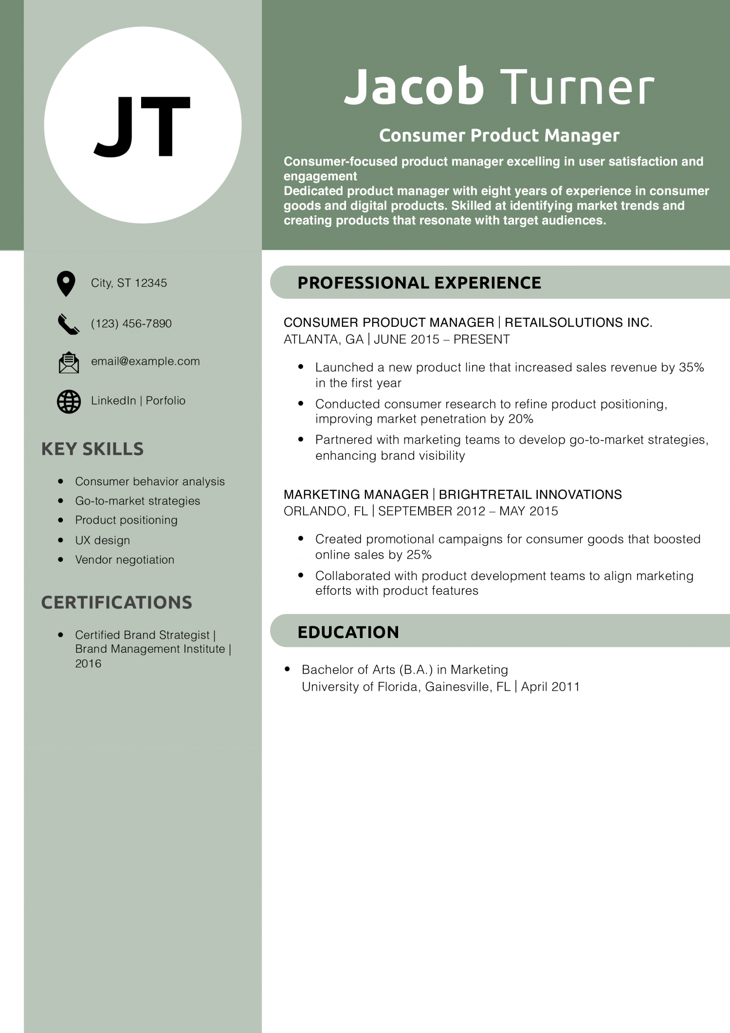 Consumer Product Manager Resume Example