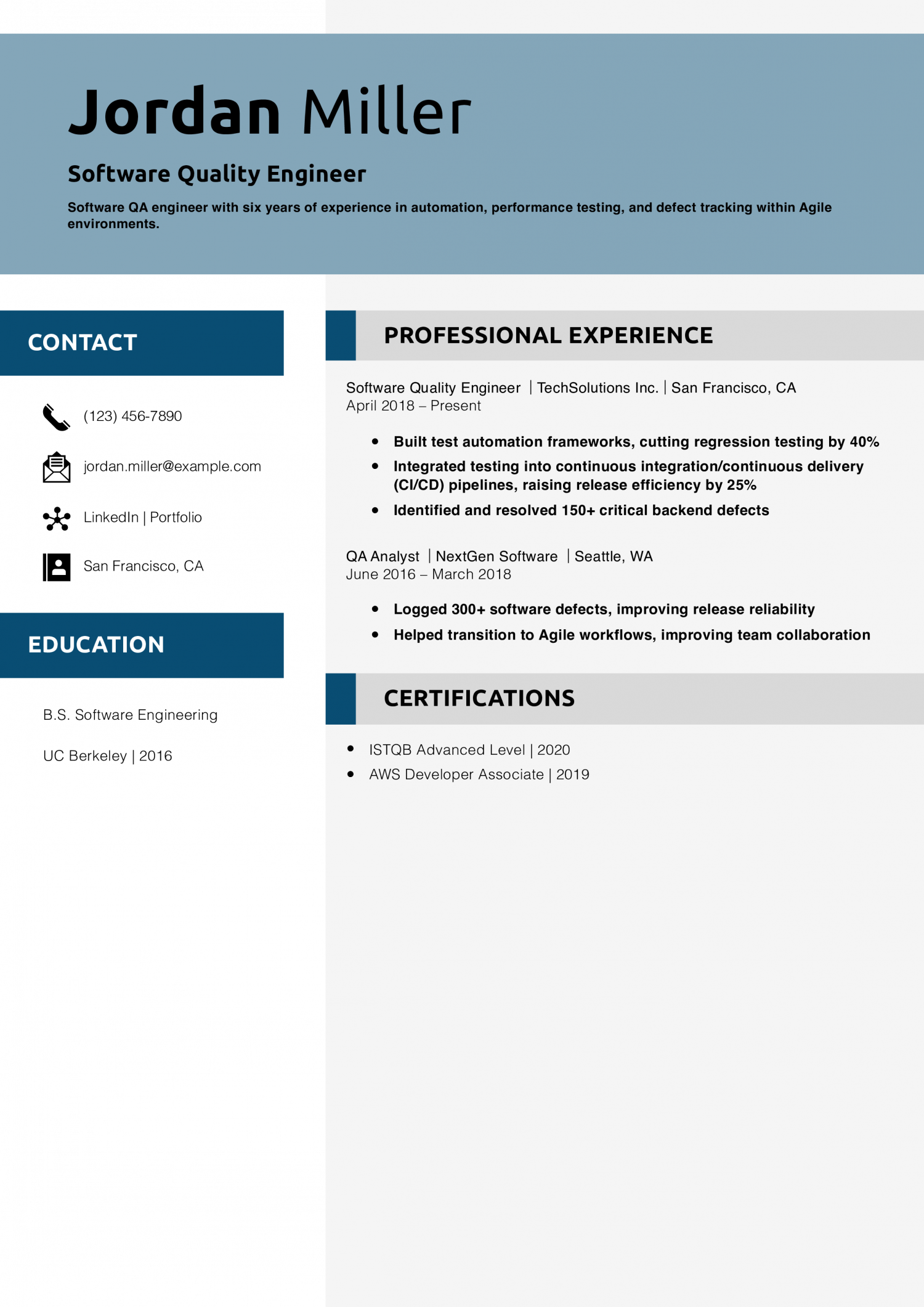 Software Quality Engineer Resume Example