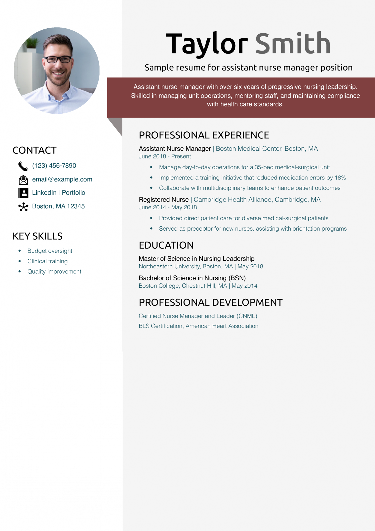 Sample resume for assistant nurse manager position