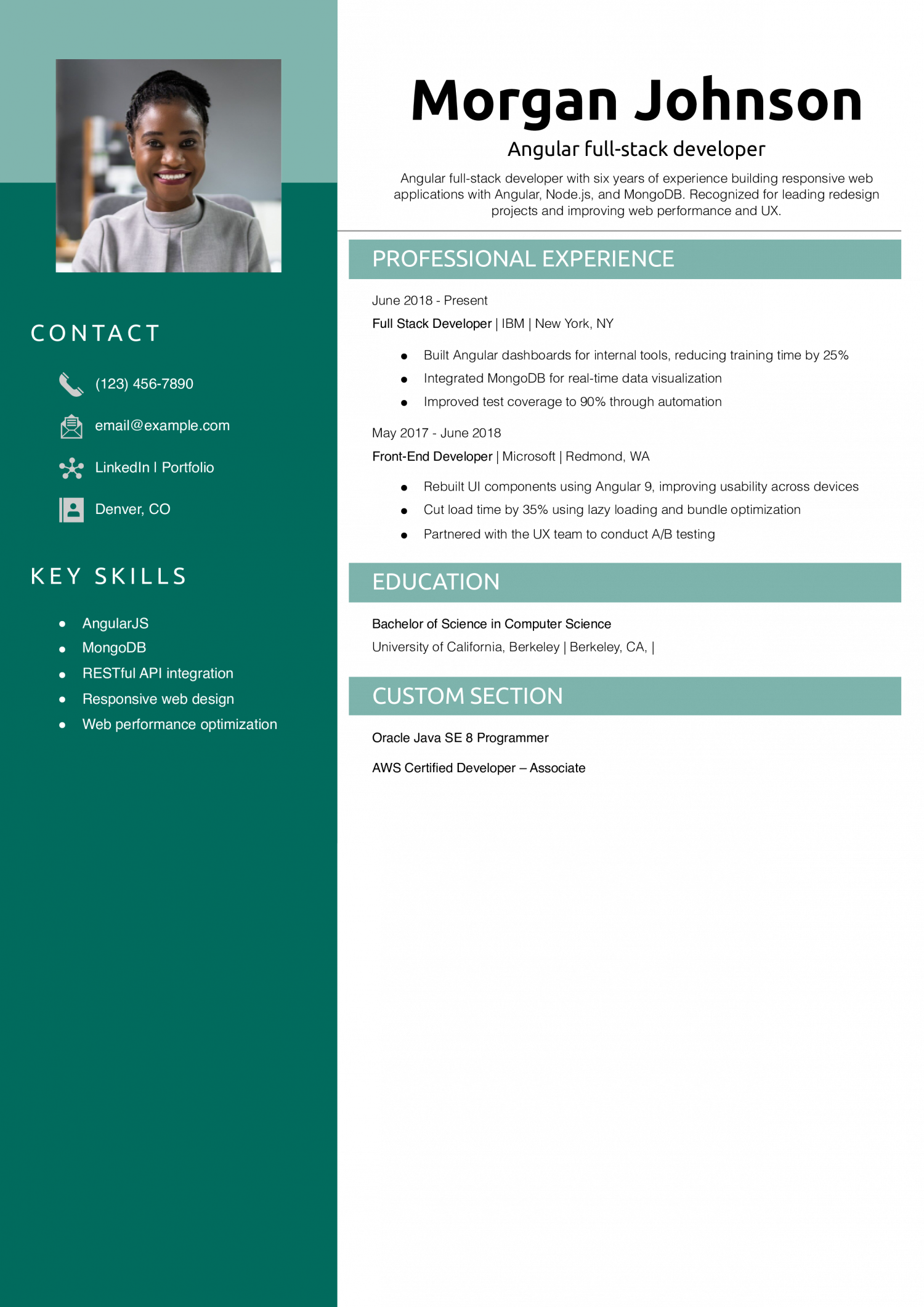 Angular full-stack developer resume example