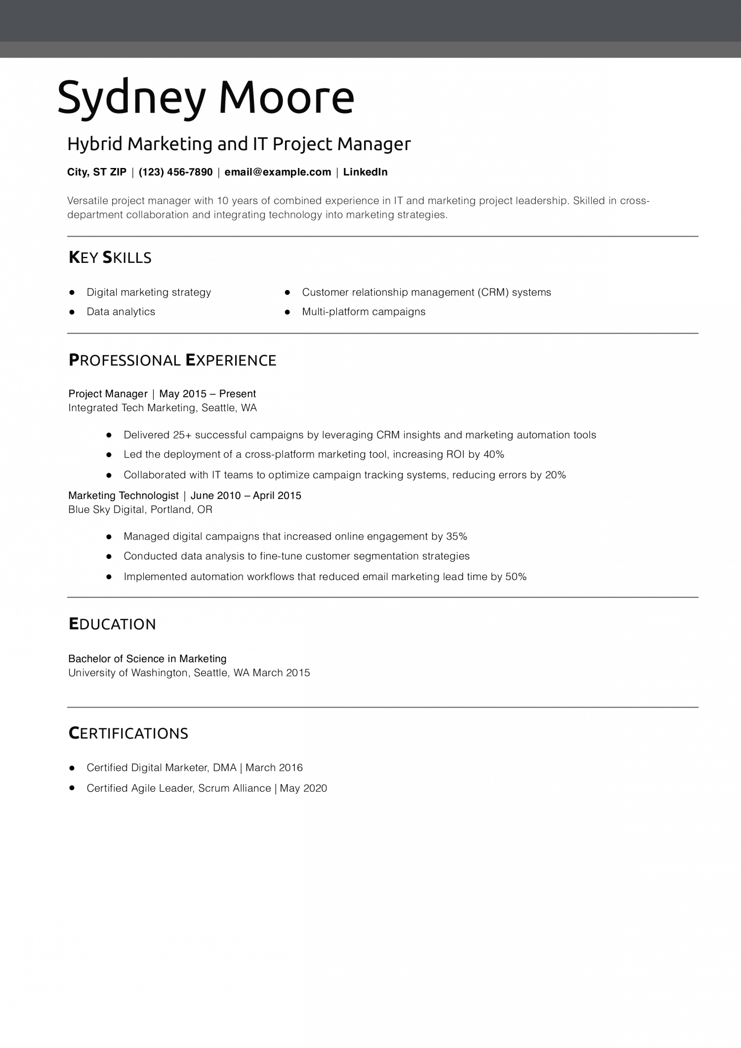 Hybrid Marketing and IT Project Manager Resume Example