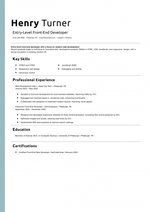 Entry-Level Front-End Developer Resume Example