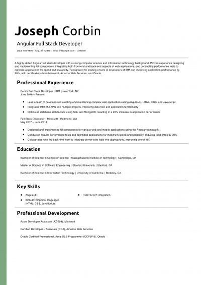 Angular Full Stack Developer Resume Example