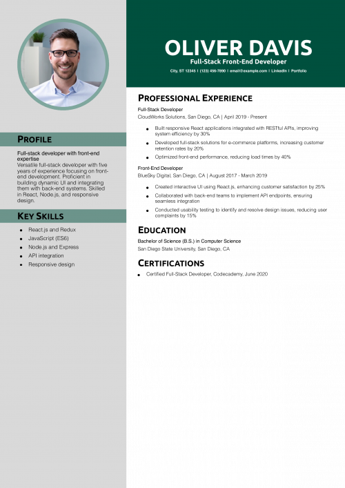 Full-Stack Front-End Developer Resume Example