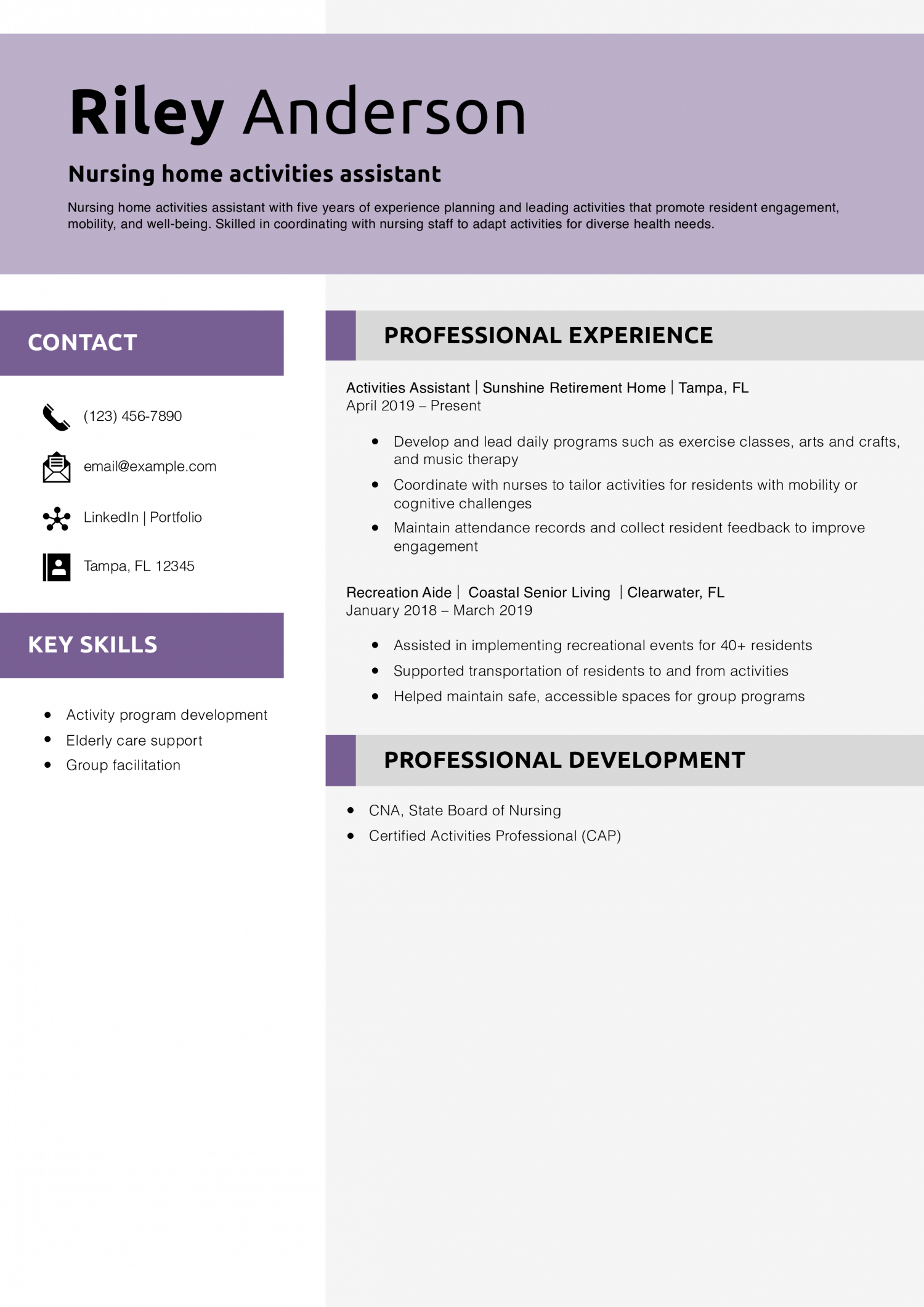 Nursing home activities assistant resume