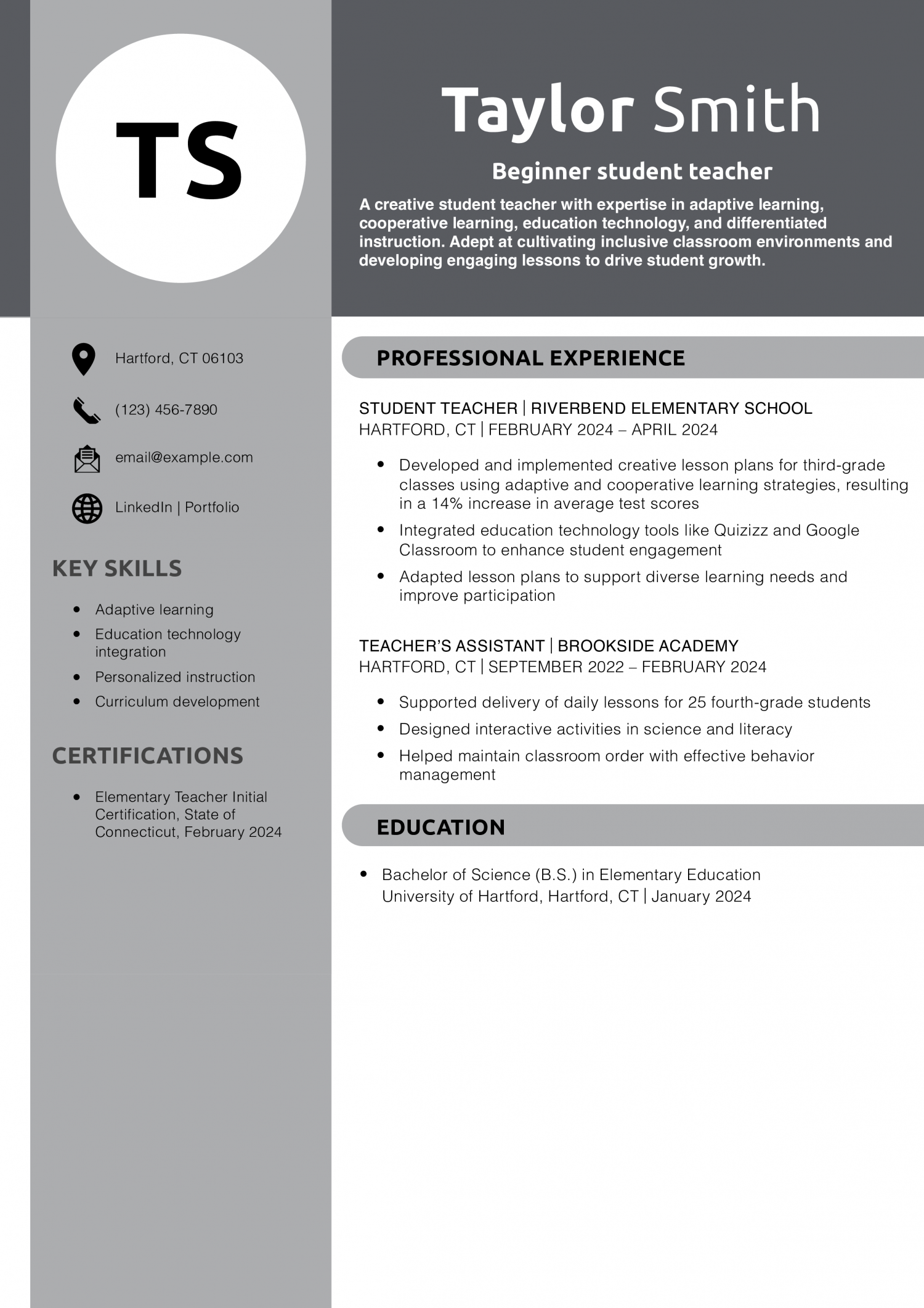 Beginner student teacher resume example