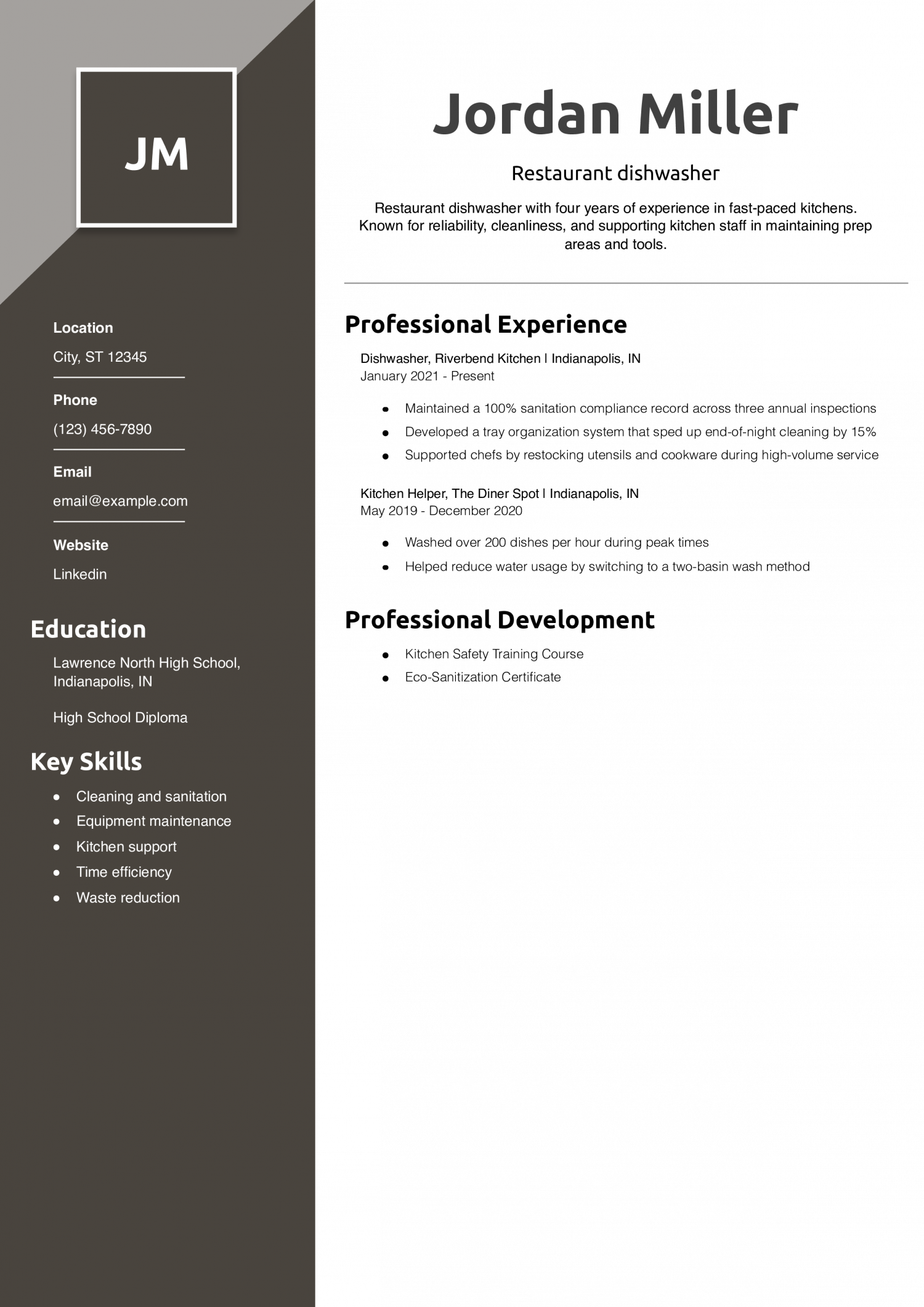 Restaurant dishwasher resume example