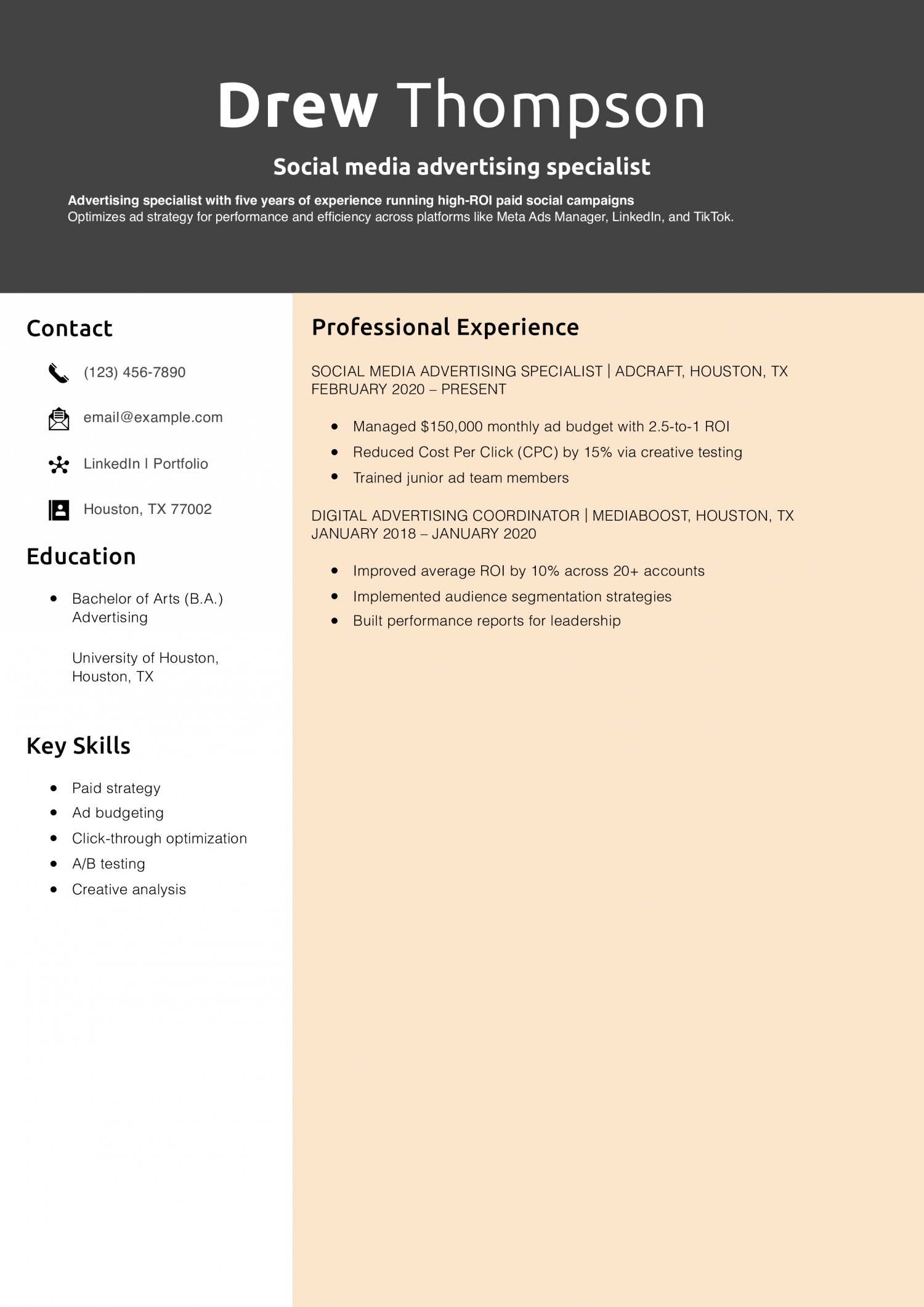 Social media advertising specialist resume example
