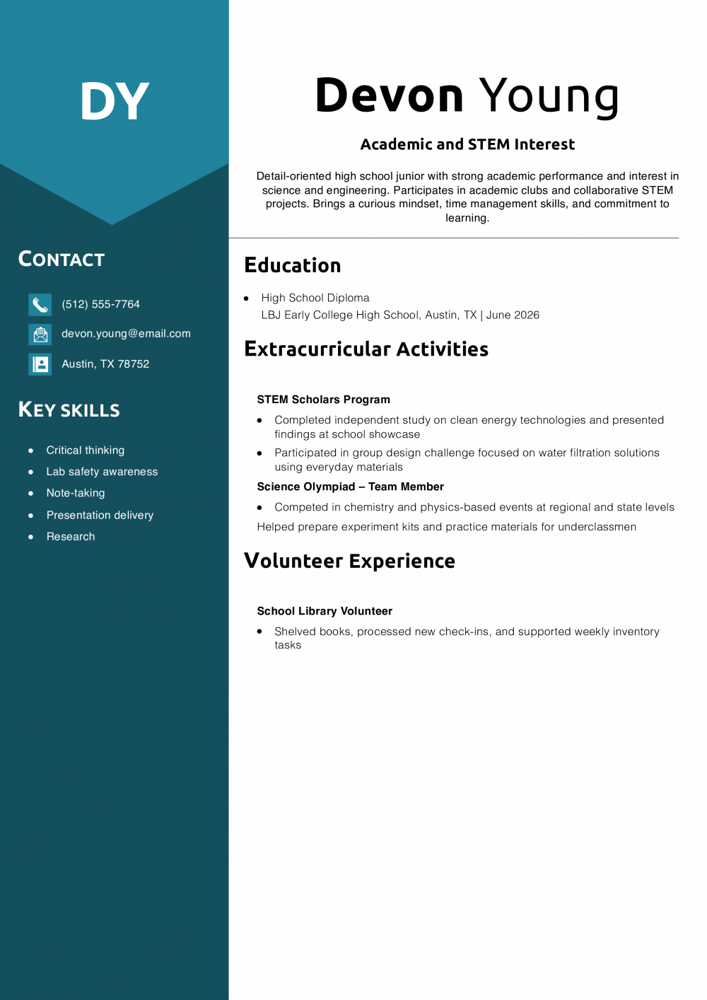 Teenager Resume Example – Academic and STEM Interest