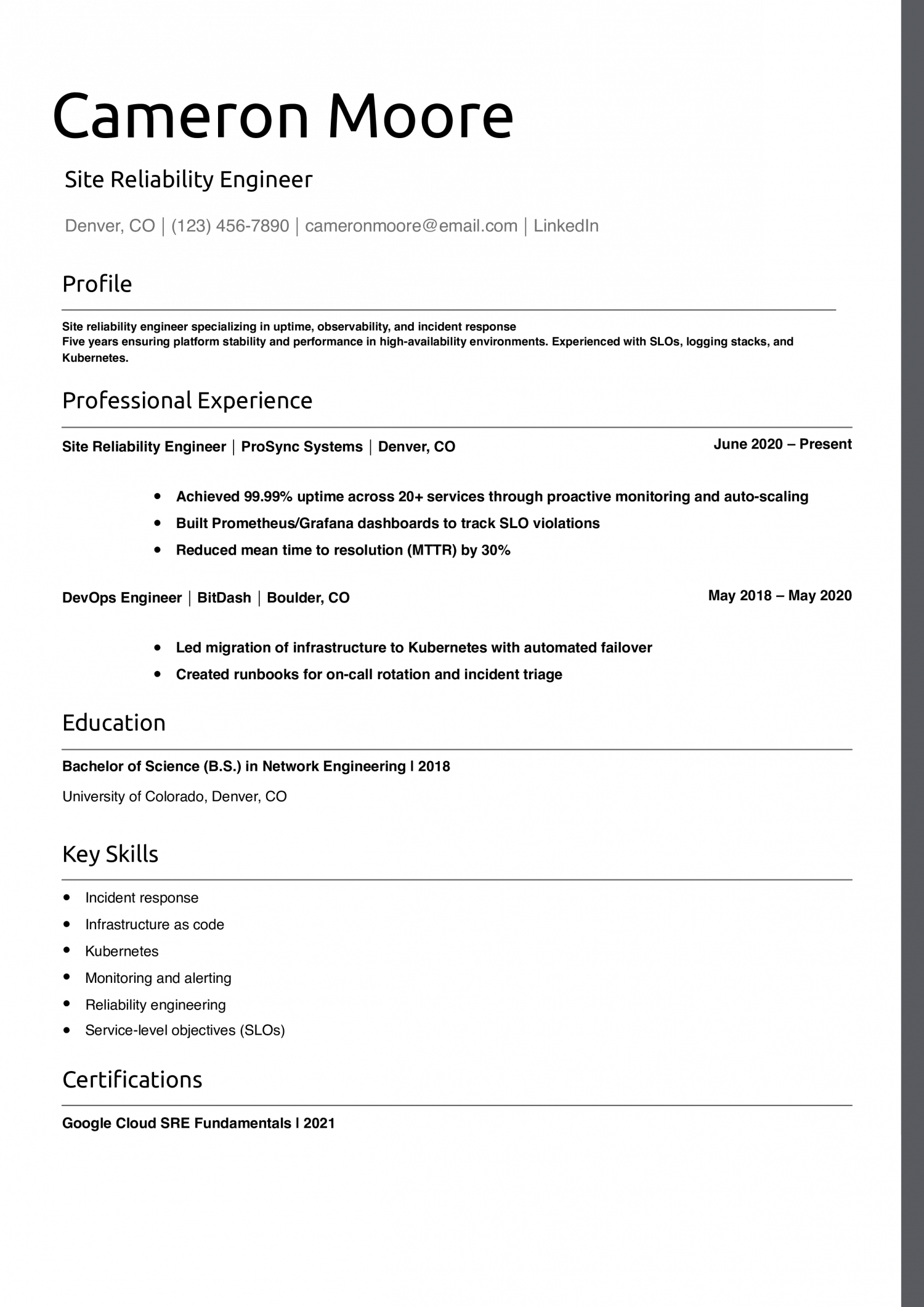 Site Reliability Engineer Resume Example