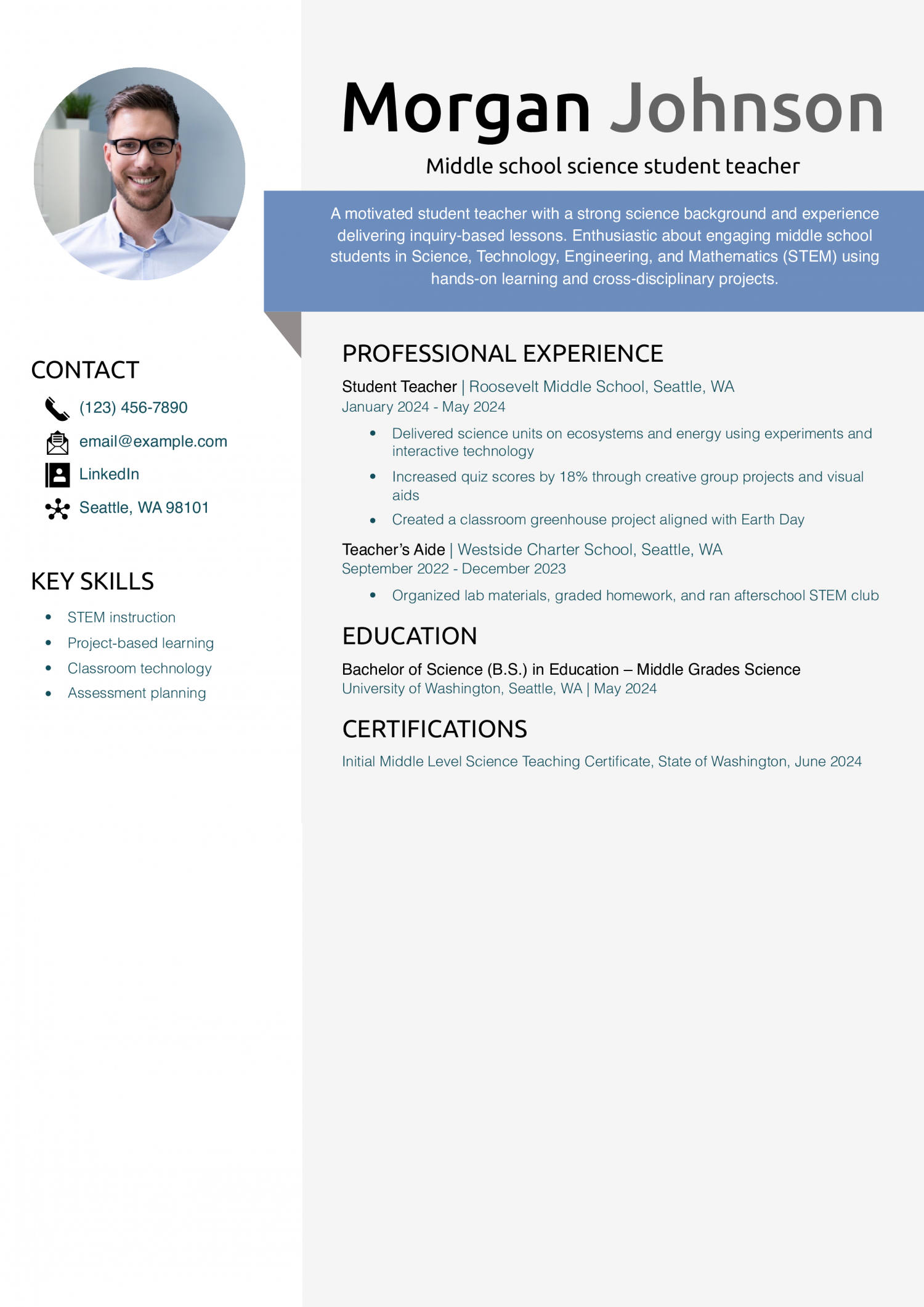 Middle school science student teacher resume