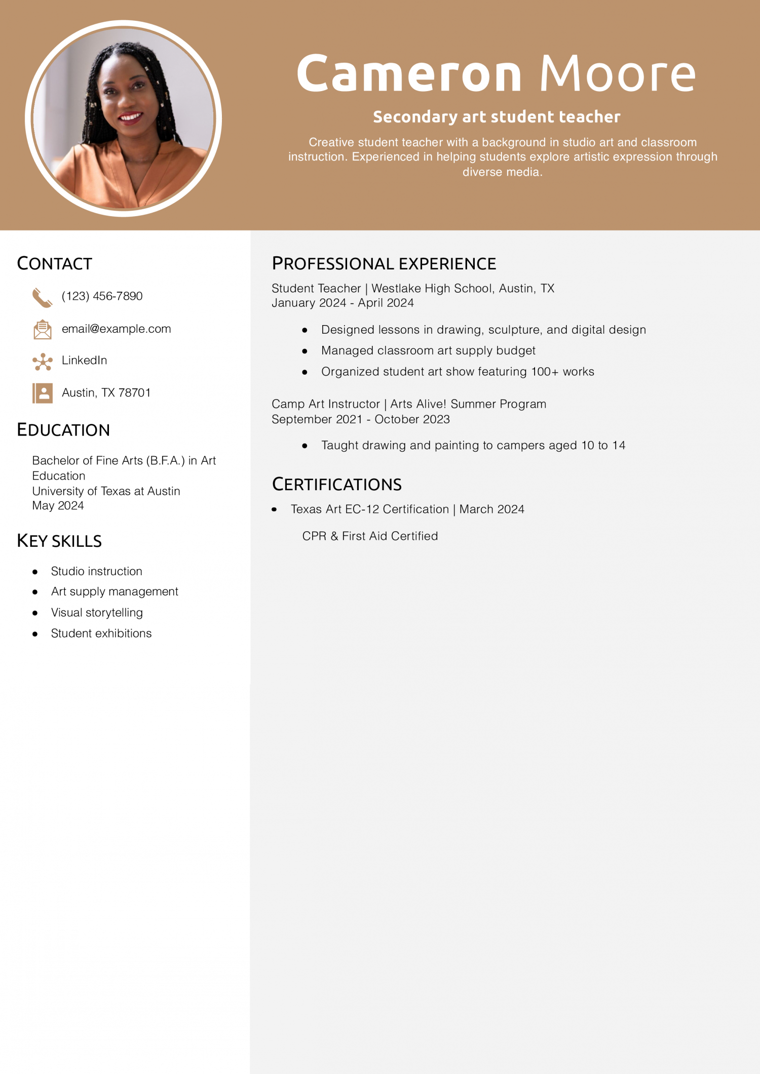 Secondary art student teacher resume