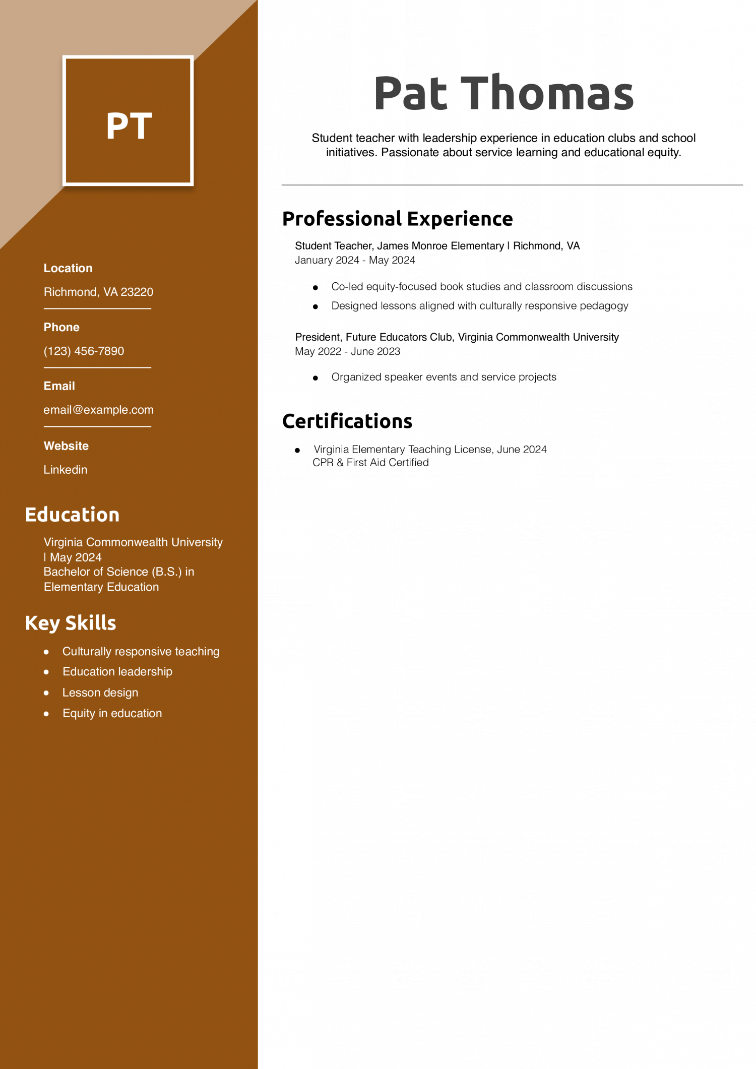 Student teacher resume with leadership experience