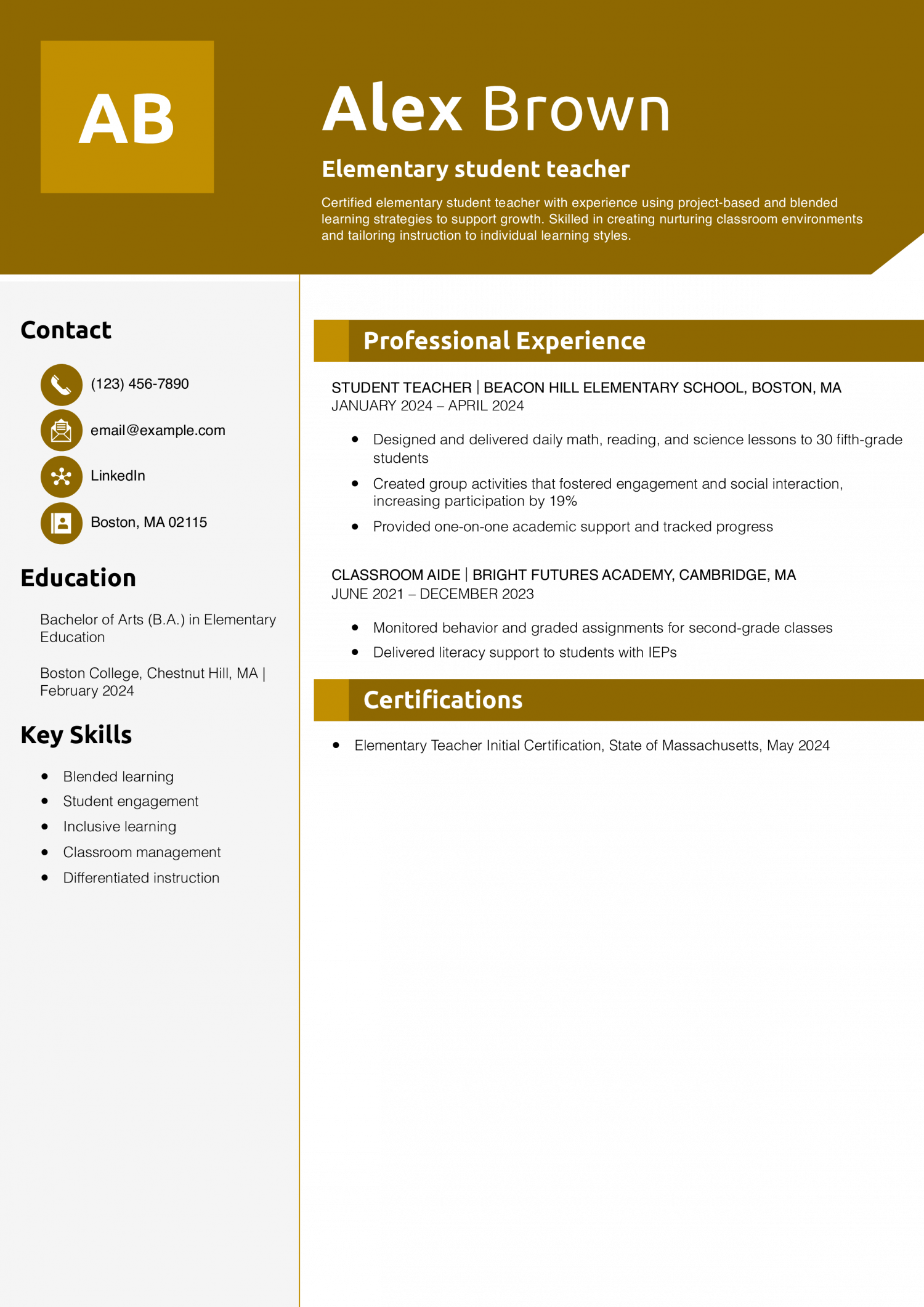 Elementary student teacher resume example