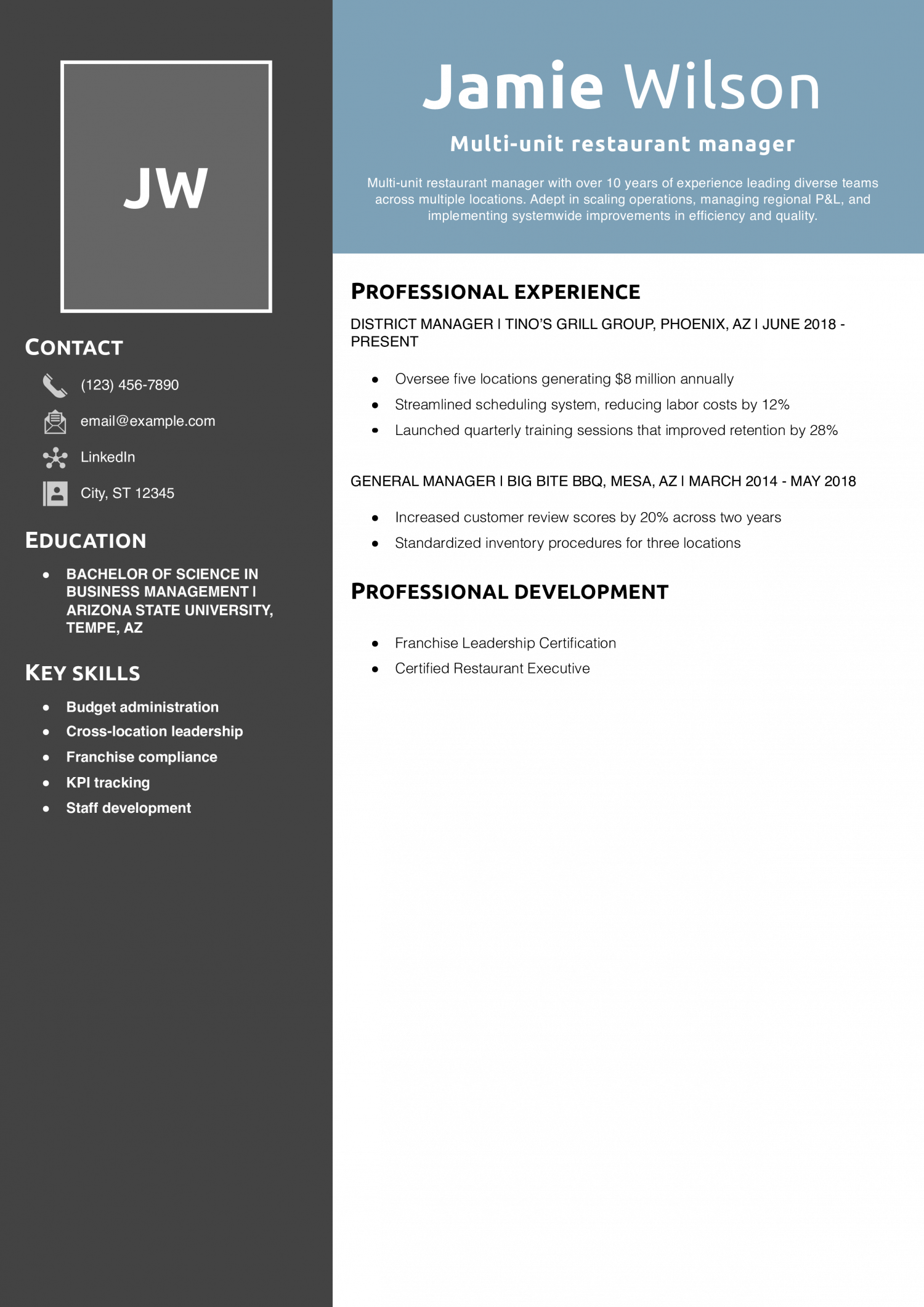 Multi-unit restaurant manager resume example
