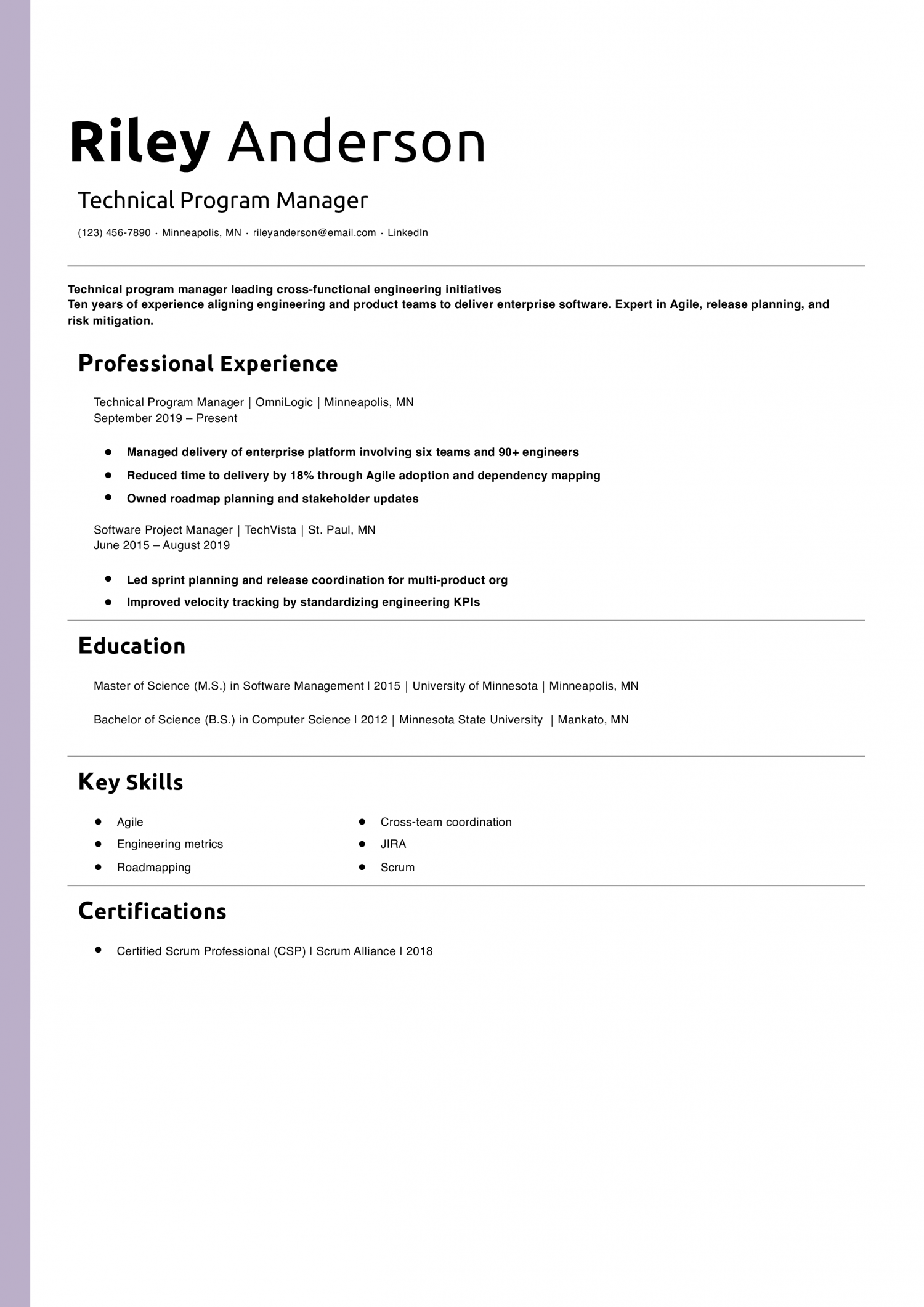 Technical Program Manager Resume Example