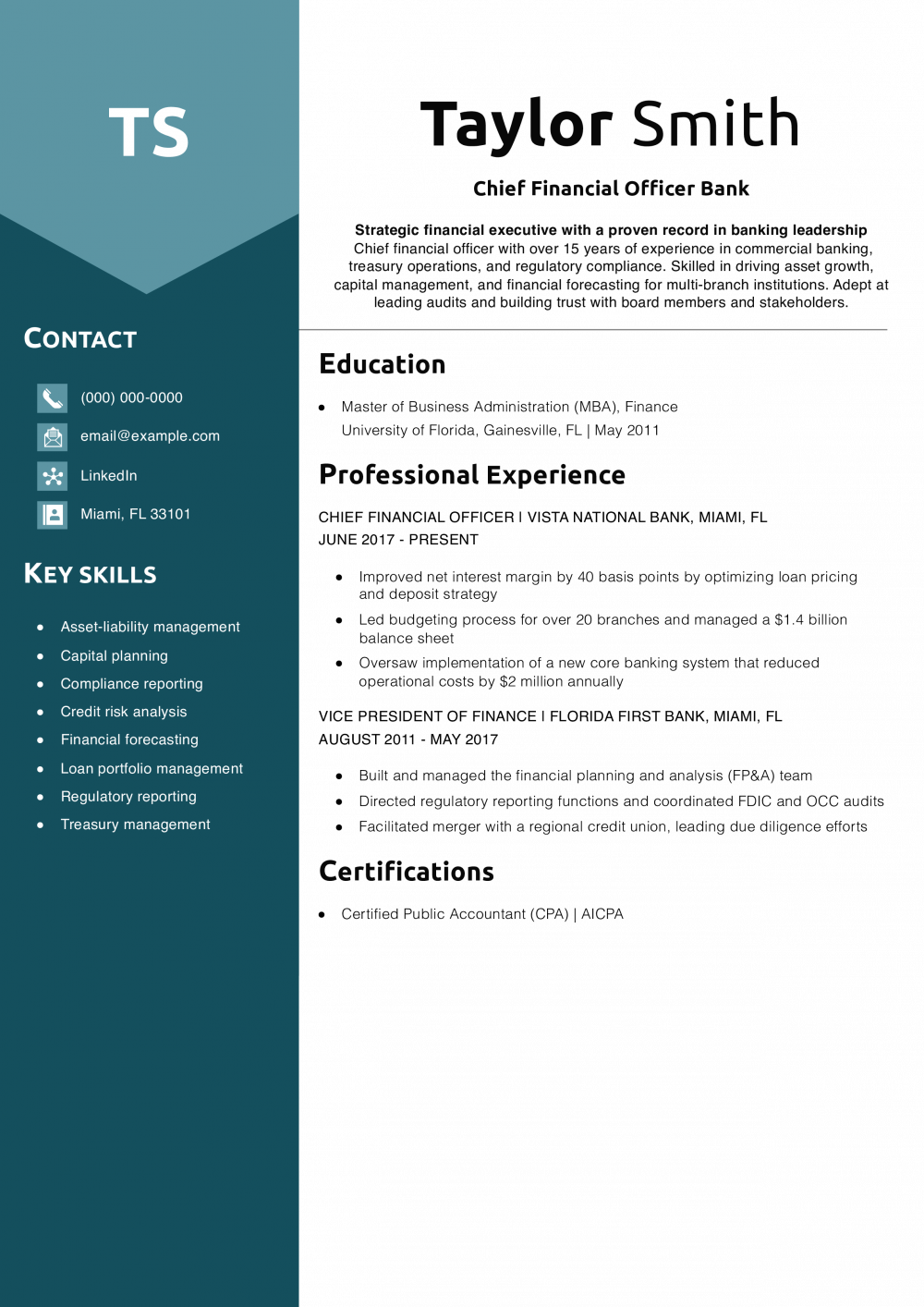 Chief Financial Officer Bank Resume