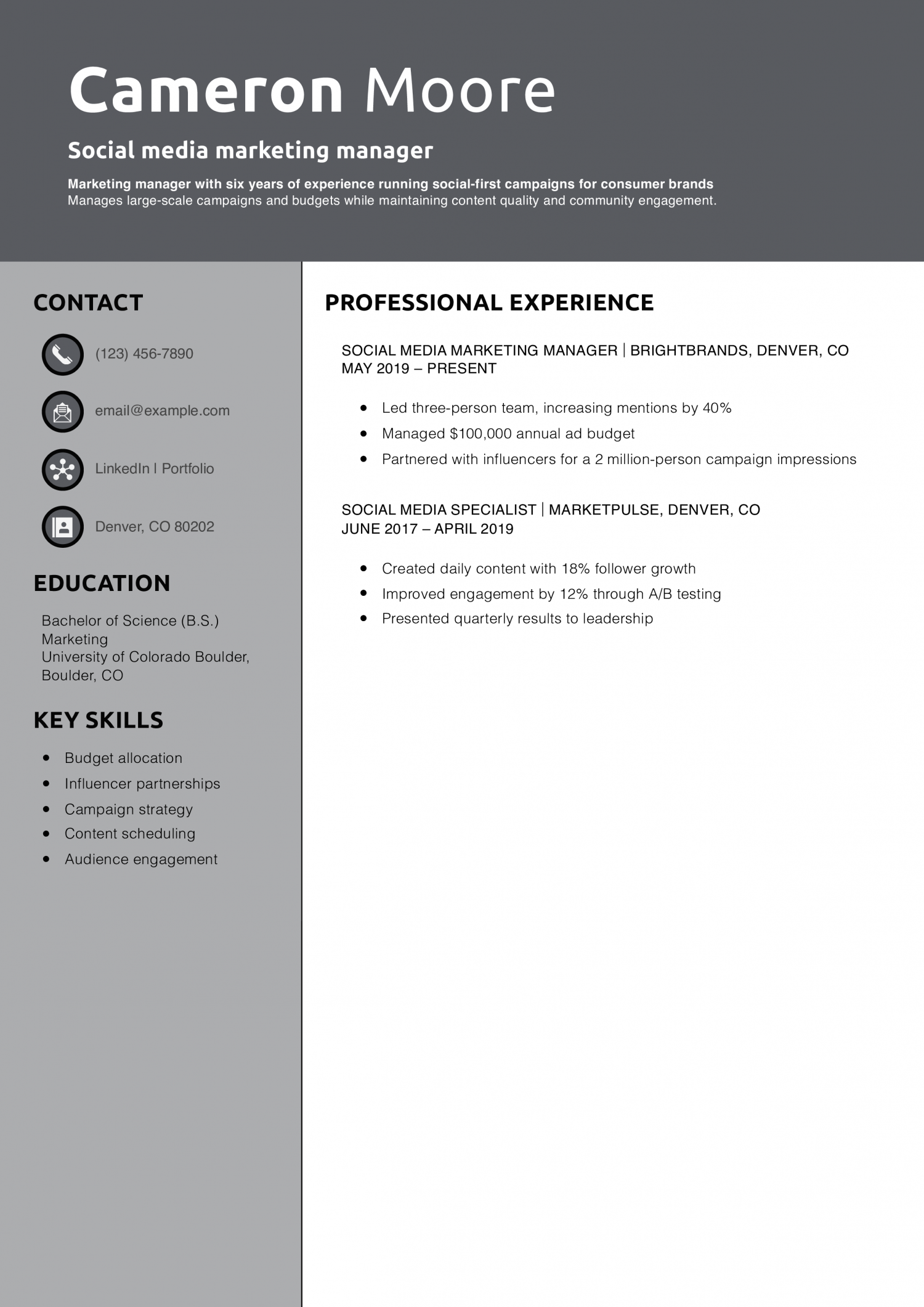 Social media marketing manager resume example