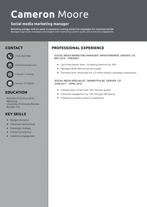 Social media marketing manager resume example
