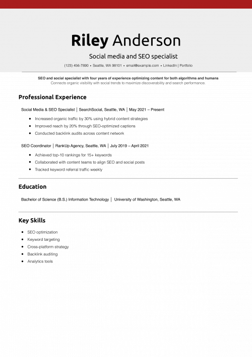 Social media and SEO specialist resume example