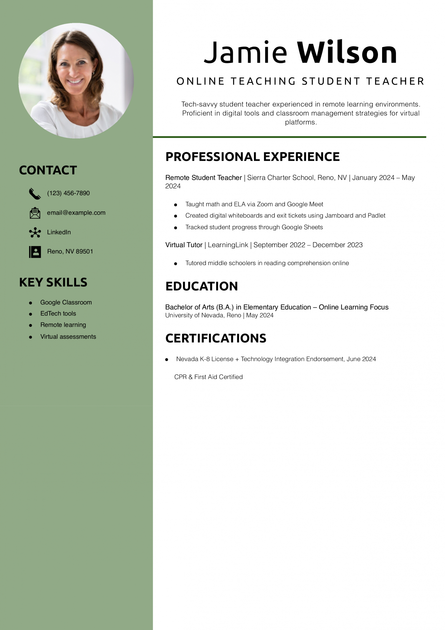 Online teaching student teacher resume