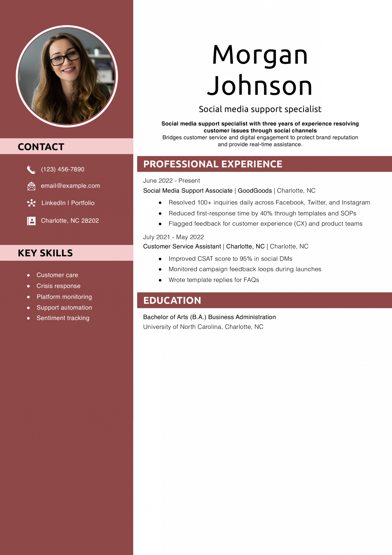 Social media support specialist resume example