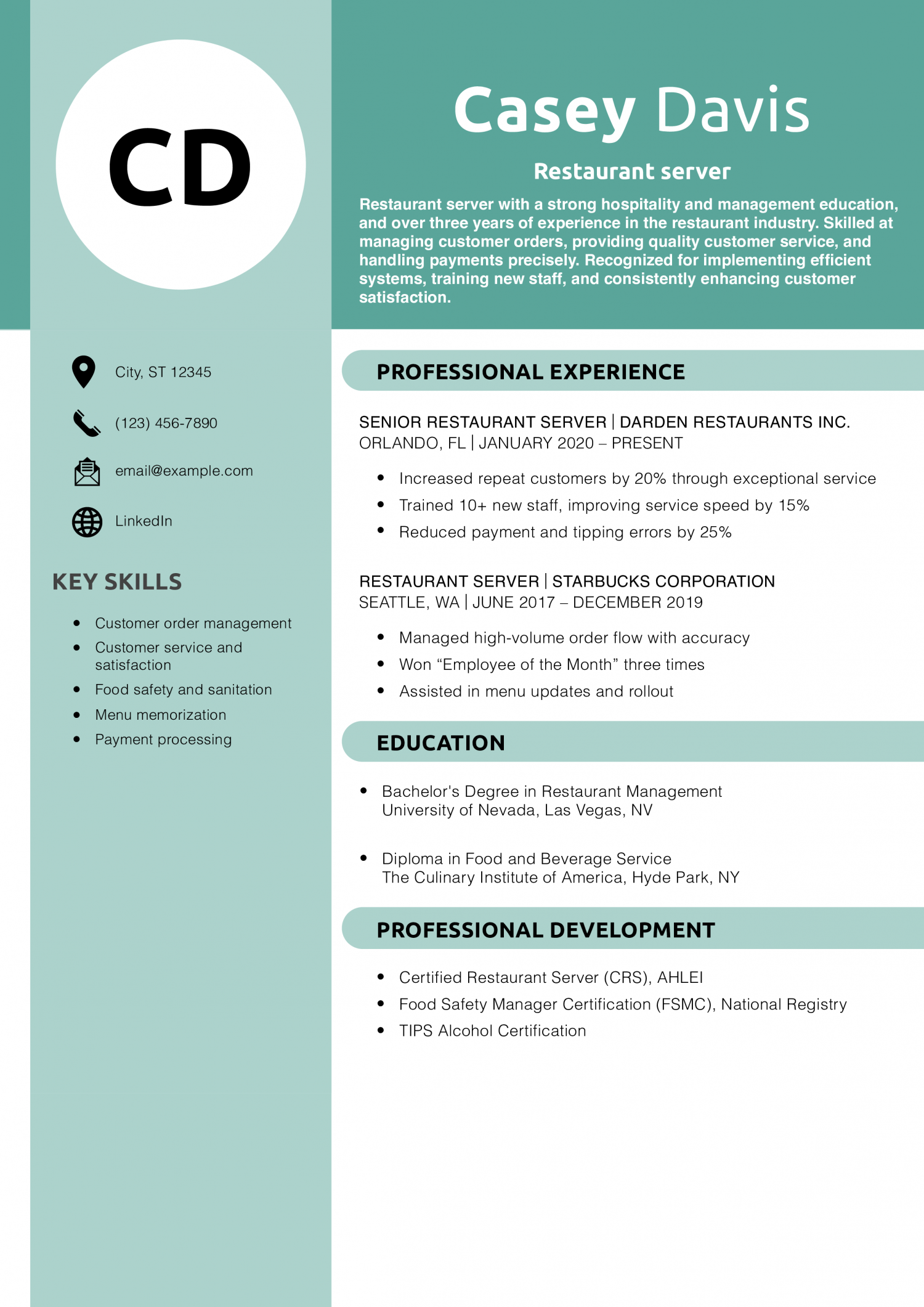 Restaurant server resume example