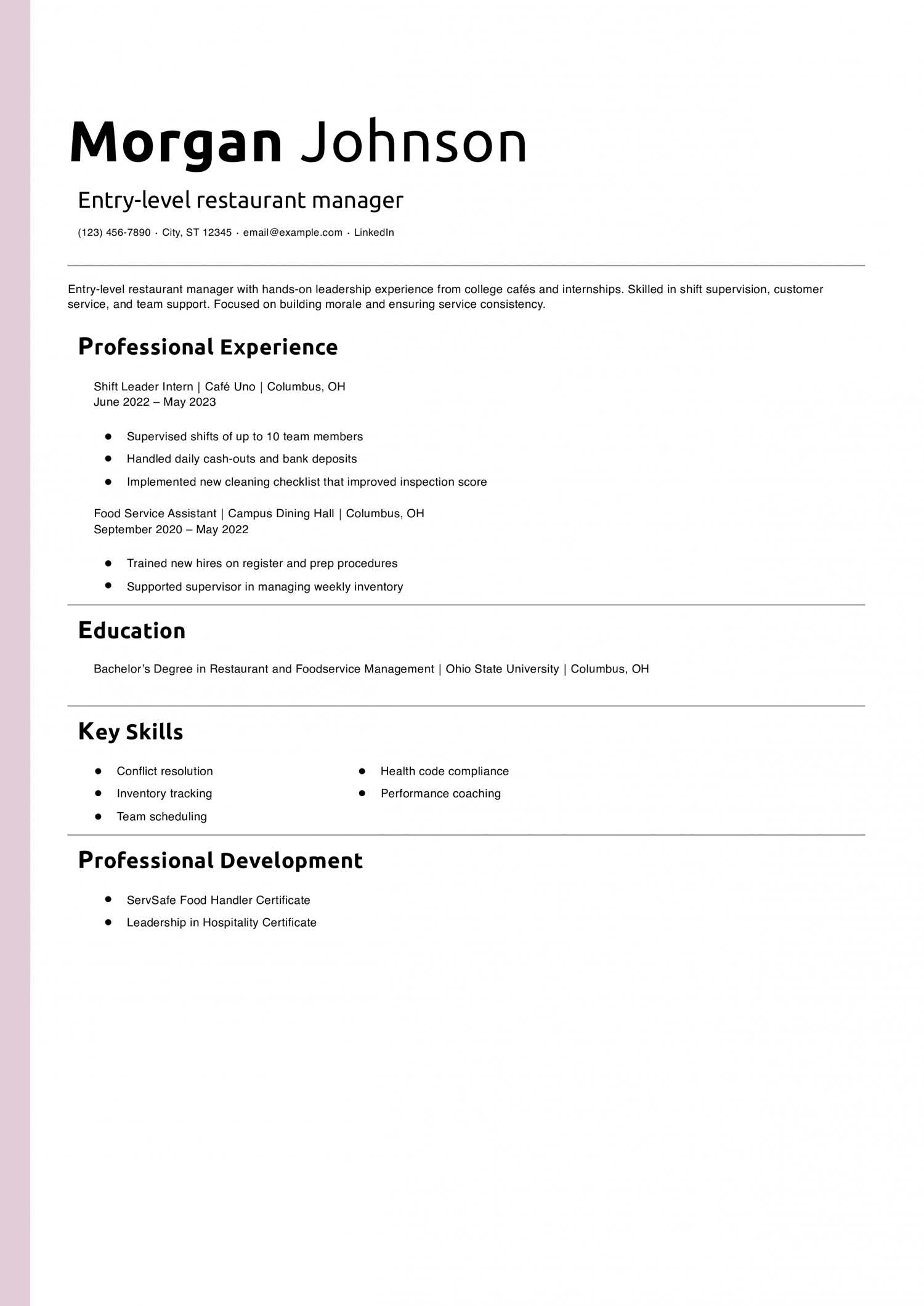 Entry-level restaurant manager resume example