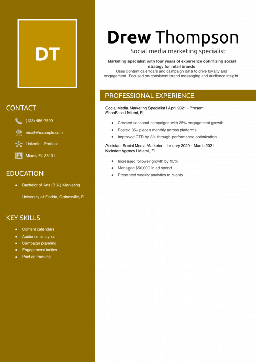 Social media marketing specialist resume example