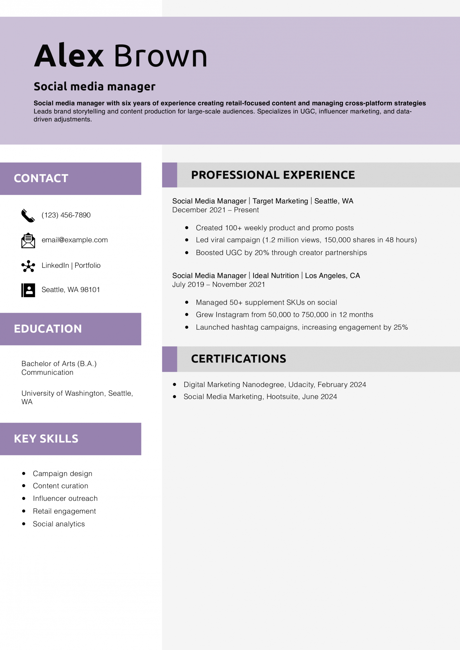 Social media manager resume example