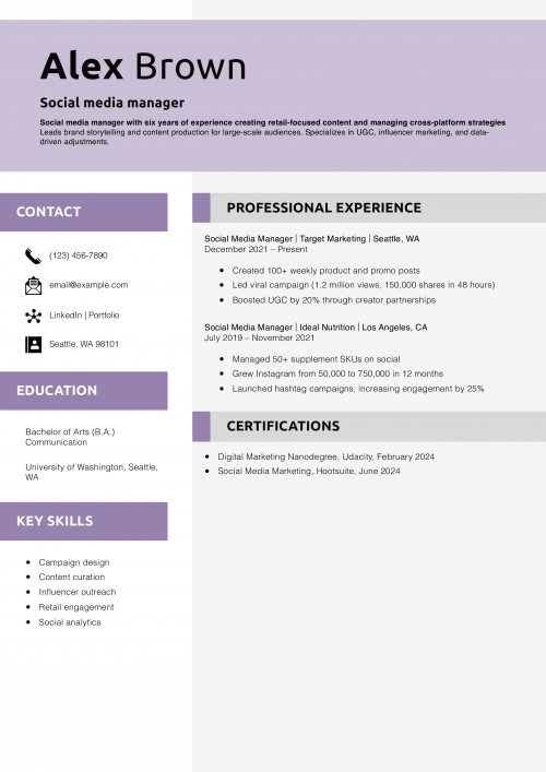 Social media manager resume example