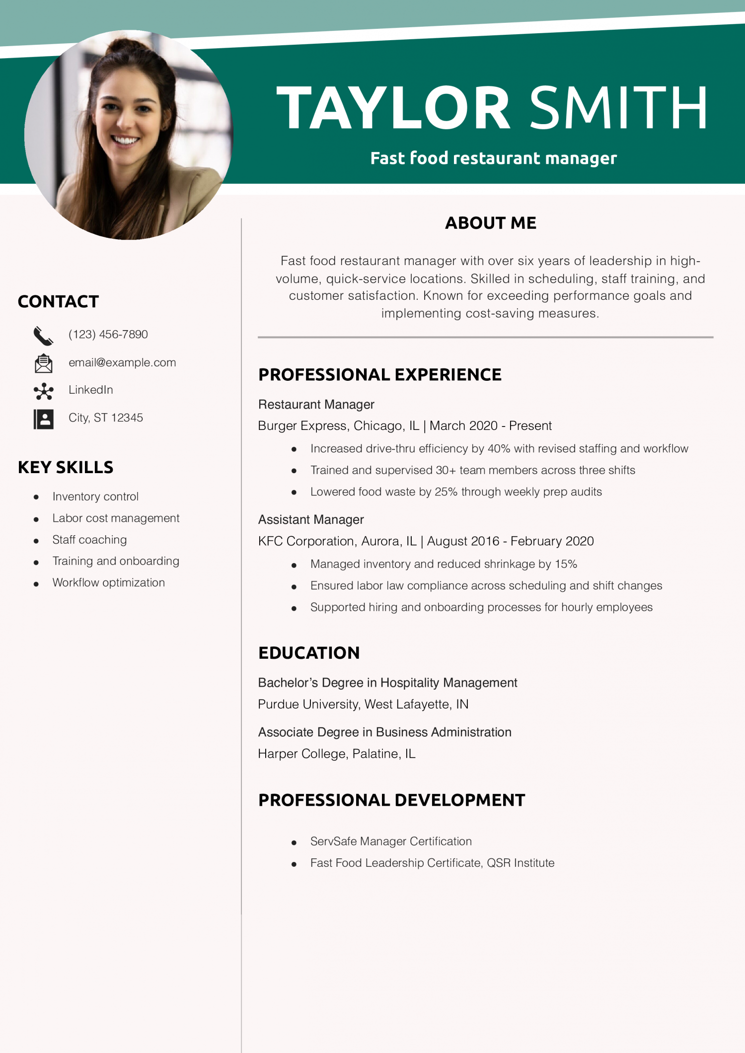 Fast food restaurant manager resume example