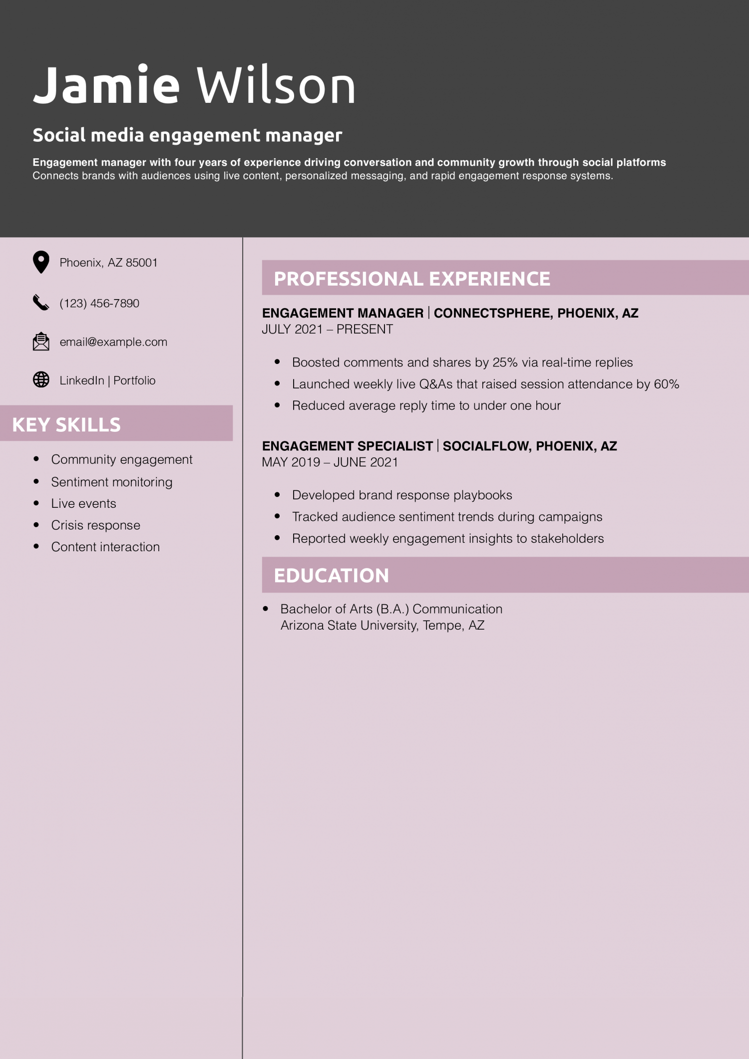 Social media engagement manager resume example